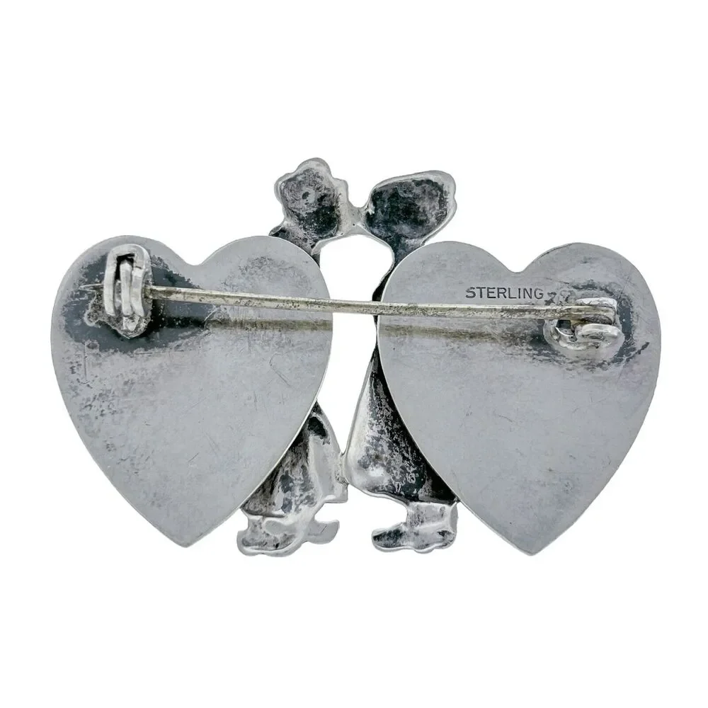 Vintage Sterling Silver 925 Dutch Boy Girl Kissing Double Heart Pin Brooch